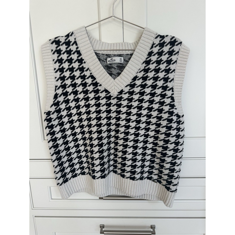 Hollister Women Houndstooth Knit Sweater Vest V-Neck Sleeveless Cotton Blend XS